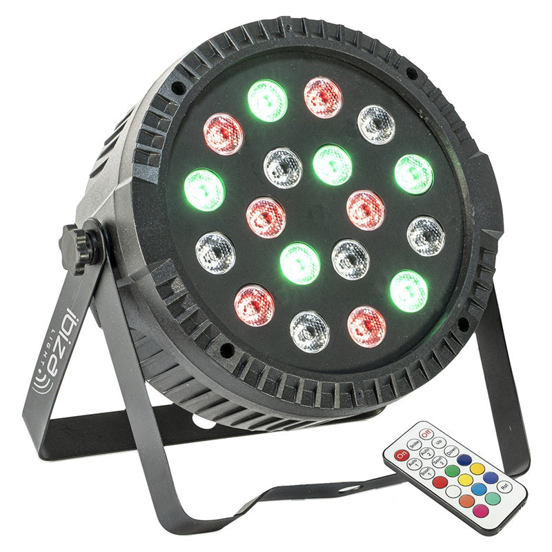 Proiector PAR LED RGB 18 × 1 W, DMX, telecomandă, Ibiza Light THINPAR-18X1W