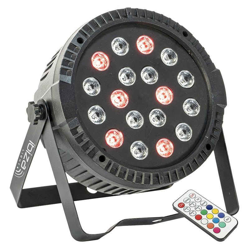 Proiector PAR LED RGB 18 × 1 W, DMX, telecomandă, Ibiza Light THINPAR-18X1W