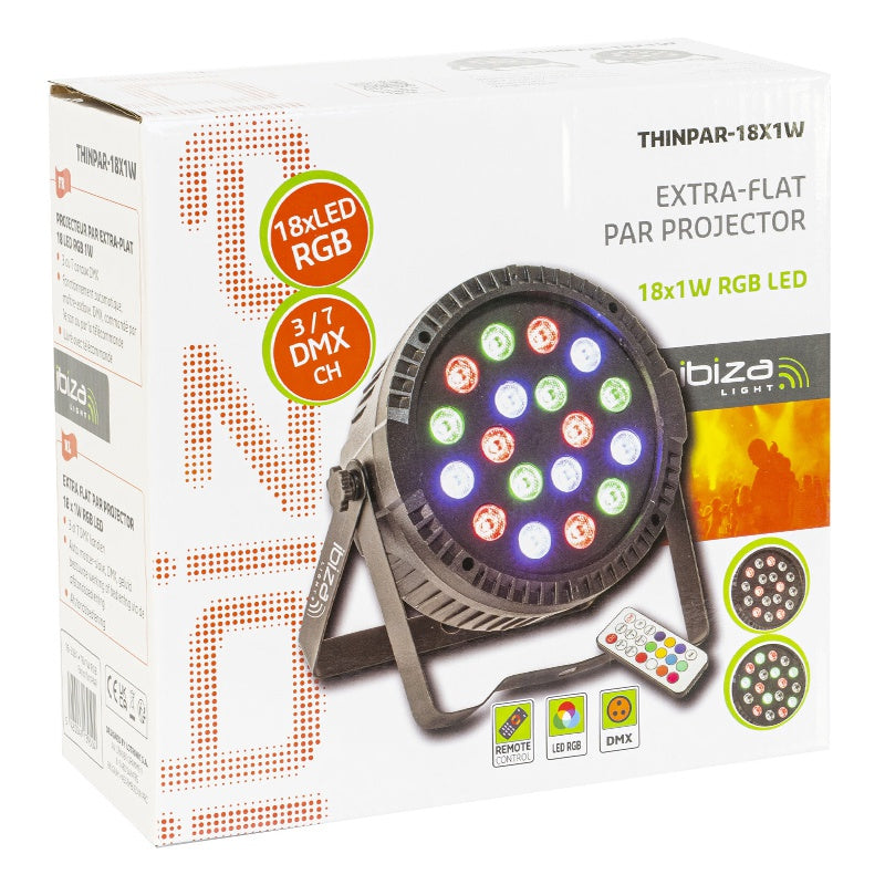 Proiector PAR LED RGB 18 × 1 W, DMX, telecomandă, Ibiza Light THINPAR-18X1W