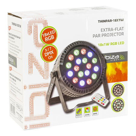 Proiector PAR LED RGB 18 × 1 W, DMX, telecomandă, Ibiza Light THINPAR-18X1W