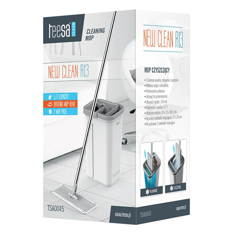 Set mop plat cu găleată cu 2 cuve de 5,7 l și mâner de 124 cm Teesa TSA0045
