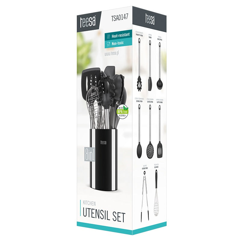 Set ustensile bucătărie din silicon și oțel inoxidabil cu suport, 9 piese Teesa TSA0147
