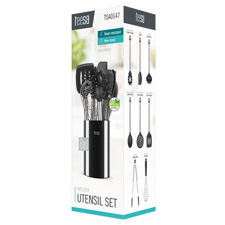 Set ustensile bucătărie din silicon și oțel inoxidabil cu suport, 9 piese Teesa TSA0147