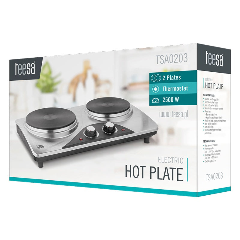 Plită electrică dublă de 2500 W cu plăci din fontă de 188 mm și 155 mm Teesa TSA0203