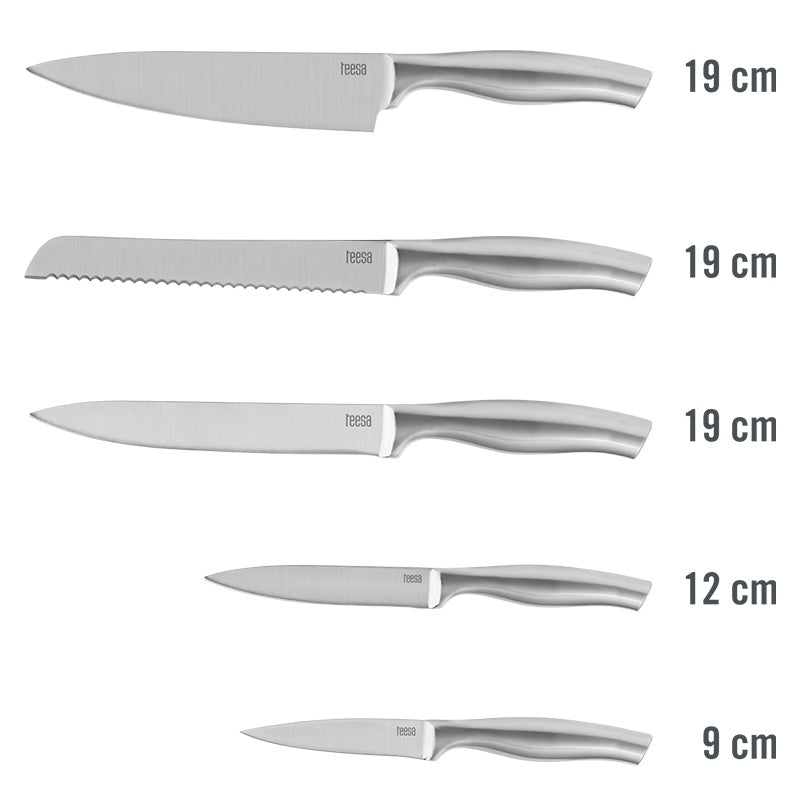 Set 5 cuțite în bloc de lemn, mâner ergonomic, oțel inoxidabil, Teesa TSA0204