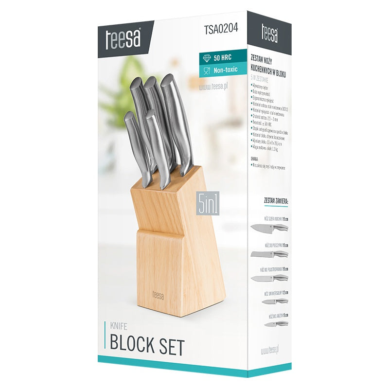 Set 5 cuțite în bloc de lemn, mâner ergonomic, oțel inoxidabil, Teesa TSA0204