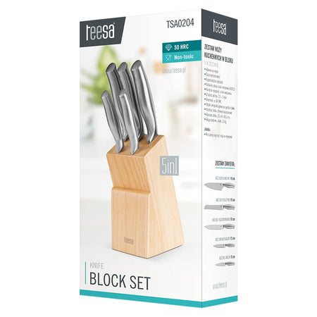 Set 5 cuțite în bloc de lemn, mâner ergonomic, oțel inoxidabil, Teesa TSA0204
