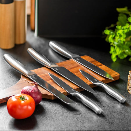 Set 5 cuțite în bloc de lemn, mâner ergonomic, oțel inoxidabil, Teesa TSA0204