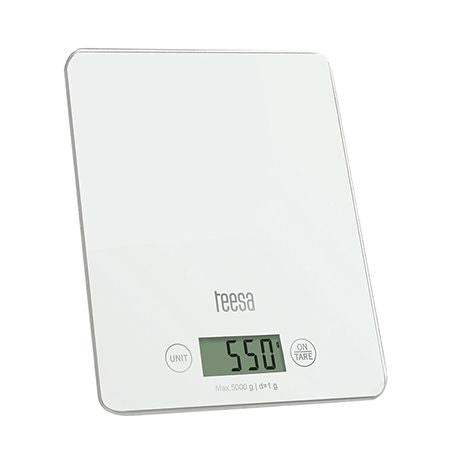 Cântar de bucătărie cu platformă din sticlă călită și capacitate de 5 kg Teesa TSA0804W