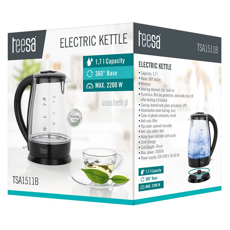 Fierbător electric din sticlă de 1,7 l cu putere de 2200 W Teesa TSA1511B