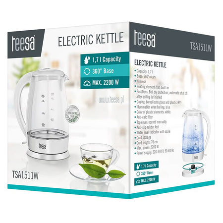 Fierbător electric cordless 1,7 l sticlă borosilicată alb Teesa TSA1511W