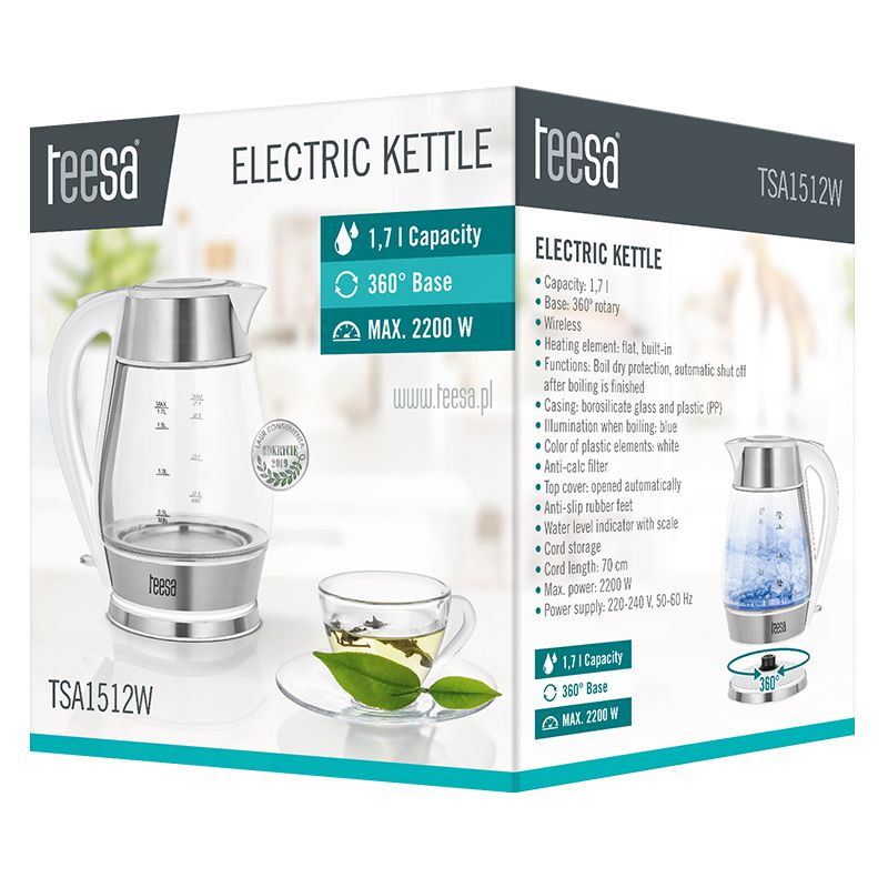 Fierbător electric cordless 1.7 l, 2200 W, alb/argintiu, Teesa TSA1512W
