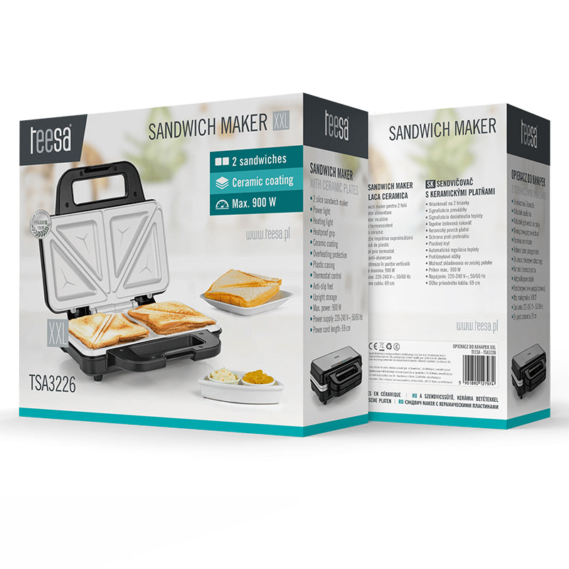 Sandwich maker ceramic XXL, 900 W, mâner rece, Teesa TSA3226