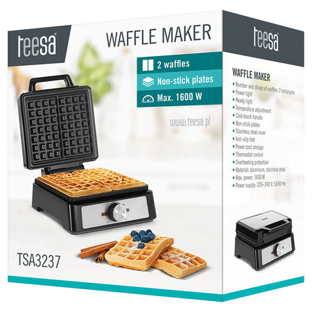 Aparat pentru 2 vafe, 1600 W, inox, control temperatură, Teesa TSA3237