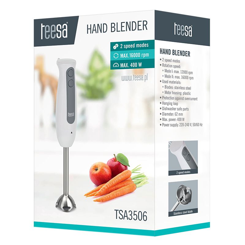 Blender de mână alb 400 W cu lame din oțel inoxidabil Teesa TSA3506