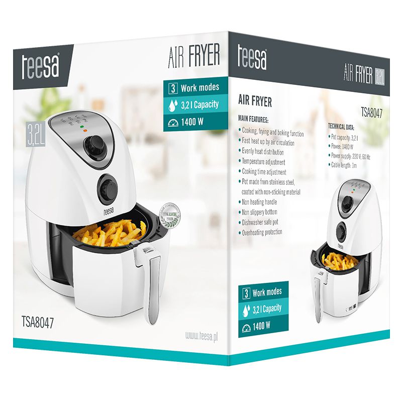 Friteuză cu aer cald 3.2 l, 1400 W, inox, reglaj temperatură, Teesa TSA8047