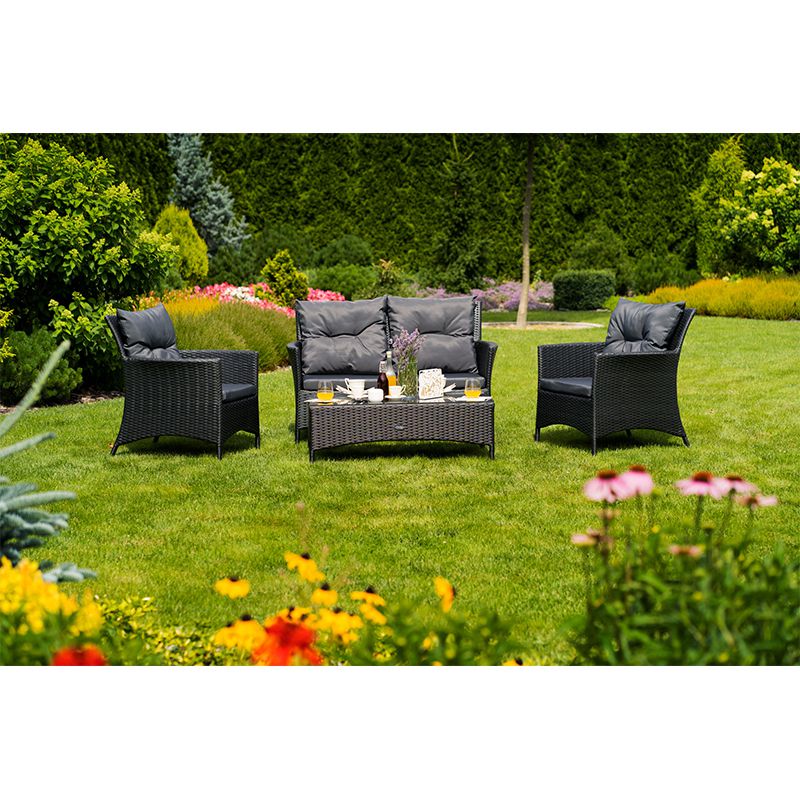 Set mobilier grădină LILY 2 din ratan negru pentru 4 persoane cu canapea, 2 fotolii și masă Teesa TSA9001