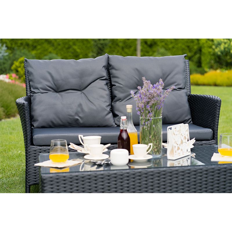 Set mobilier grădină LILY 2 din ratan negru pentru 4 persoane cu canapea, 2 fotolii și masă Teesa TSA9001