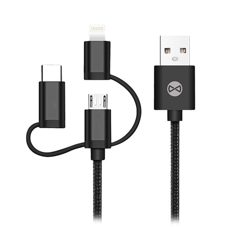 Cablu 3 în 1 USB cu Lightning, USB-C și micro-USB de 1 m și 1,5 A negru Forever T_01626