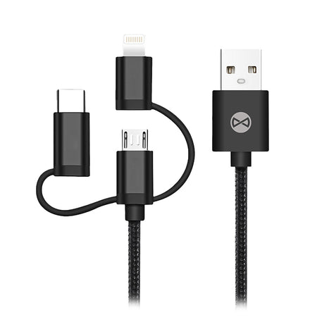 Cablu 3 în 1 USB cu Lightning, USB-C și micro-USB de 1 m și 1,5 A negru Forever T_01626