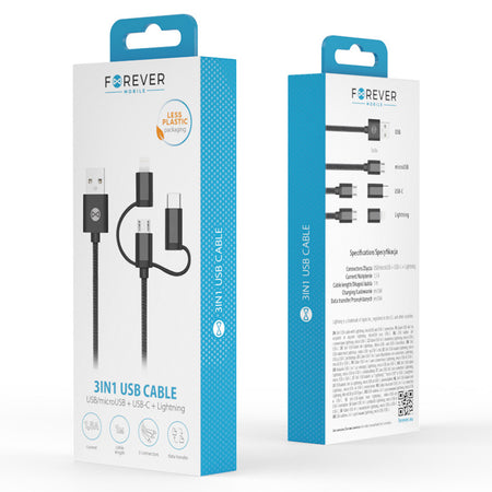 Cablu 3 în 1 USB cu Lightning, USB-C și micro-USB de 1 m și 1,5 A negru Forever T_01626