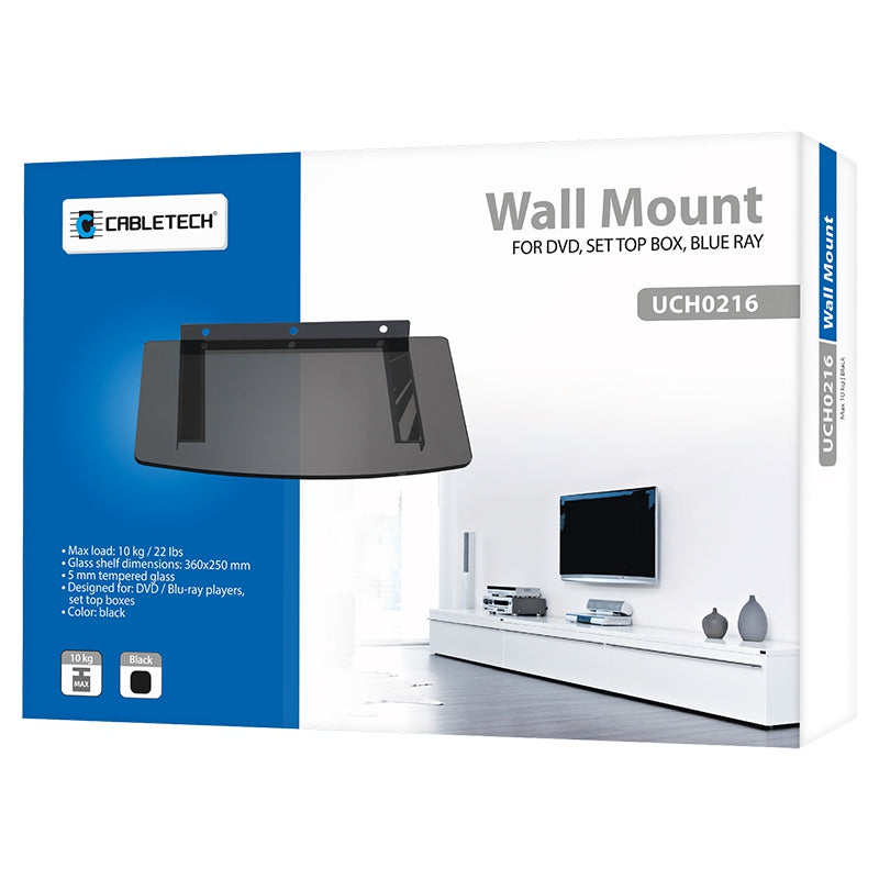 Suport de perete cu poliță din sticlă pentru DVD/Blu-ray, 360×250 mm și sarcină 10 kg Cabletech UCH0216