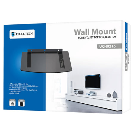 Suport de perete cu poliță din sticlă pentru DVD/Blu-ray, 360×250 mm și sarcină 10 kg Cabletech UCH0216