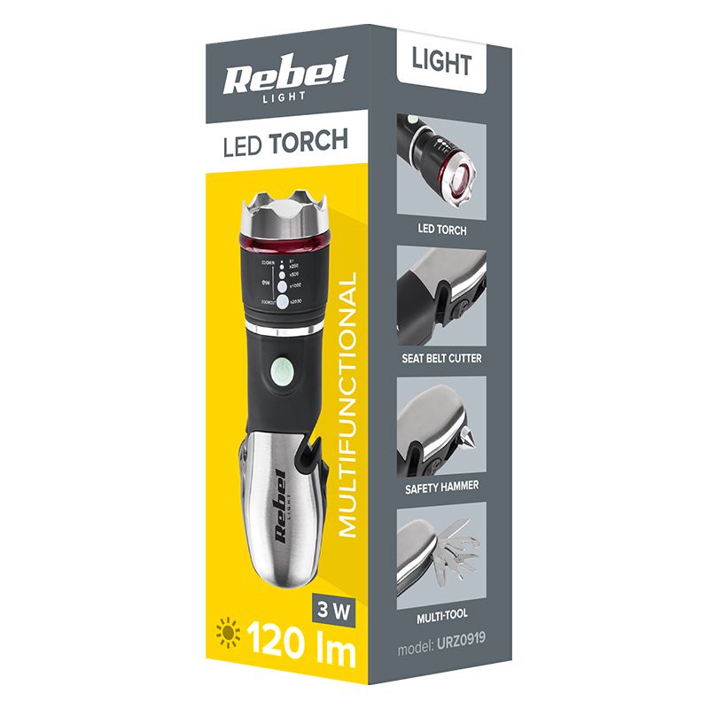 Lanternă multifuncțională 3 W cu ciocan de urgență și 8 unelte Rebel URZ0919