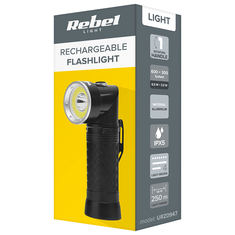 Lanternă LED reîncărcabilă 10 W T6 + COB cu protecție IPX5 Rebel URZ0947