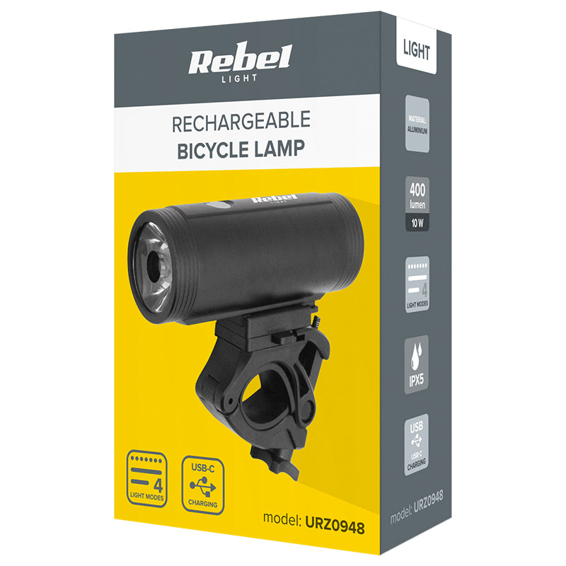 Lanternă pentru bicicletă cu acumulator 18650 și LED 10 W de 400 lm Rebel URZ0948