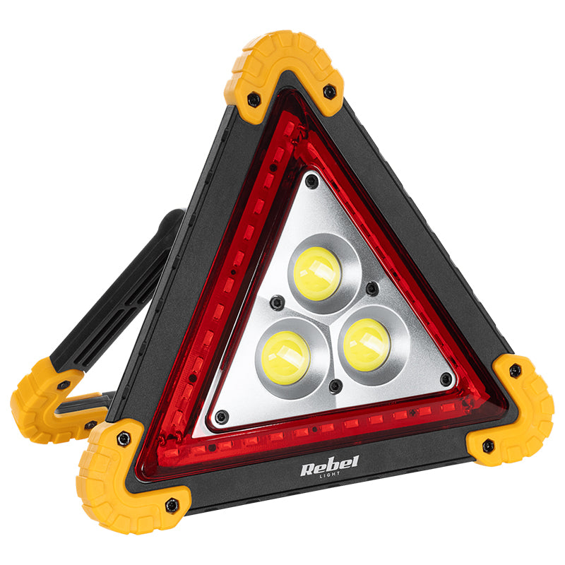Triunghi de avertizare LED cu lumină albă și roșie cu protecție IP65 și funcție de baterie externă Rebel URZ0989