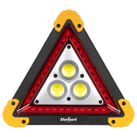 Triunghi de avertizare LED cu lumină albă și roșie cu protecție IP65 și funcție de baterie externă Rebel URZ0989