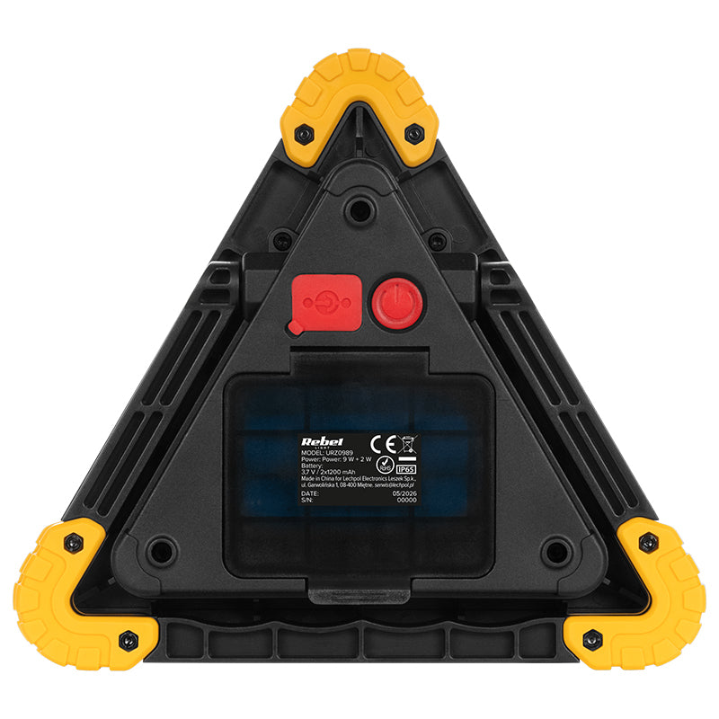 Triunghi de avertizare LED cu lumină albă și roșie cu protecție IP65 și funcție de baterie externă Rebel URZ0989