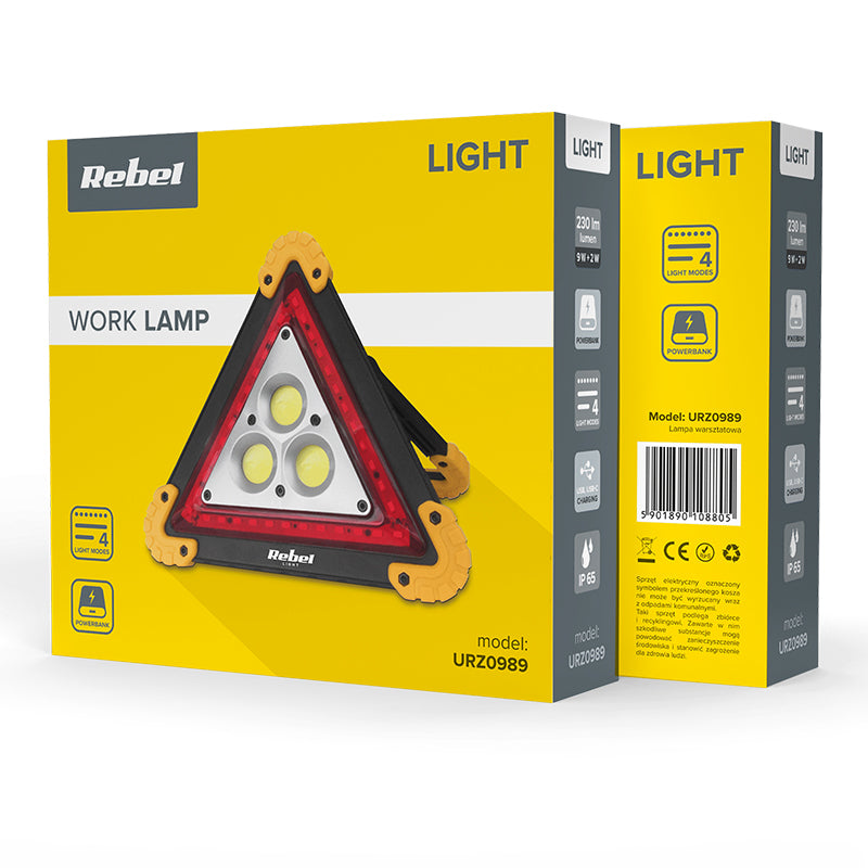 Triunghi de avertizare LED cu lumină albă și roșie cu protecție IP65 și funcție de baterie externă Rebel URZ0989