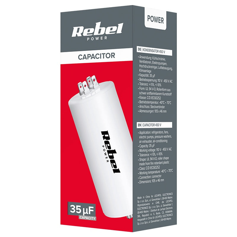 Condensator pentru motor monofazat de 35 µF la 450 VAC cu șurub Rebel URZ3136