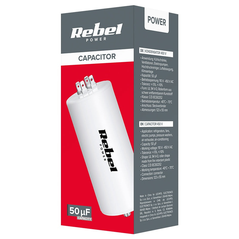 Condensator pentru motor monofazat Rebel de 50 µF la 450 V cu șurub URZ3138