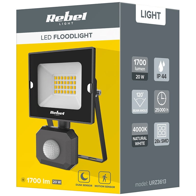 Reflector LED de 20 W cu senzor de mișcare și lumină neutră 4000 K Rebel URZ3613
