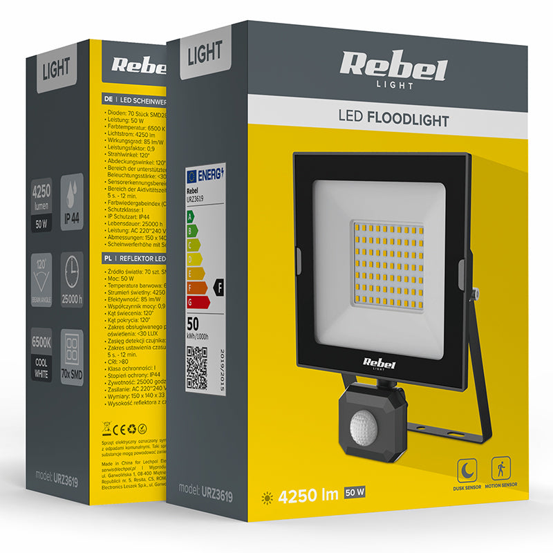 Reflector LED cu senzor de mișcare de 50 W cu temperatură de culoare de 6500 K și protecție IP44 Rebel URZ3619