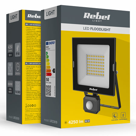 Reflector LED cu senzor de mișcare de 50 W cu temperatură de culoare de 6500 K și protecție IP44 Rebel URZ3619