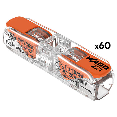 Set 60 conectori de îmbinare în linie cu pârghie pentru 2 conductori de 0,2-4 mm² WAGO W-221-2411