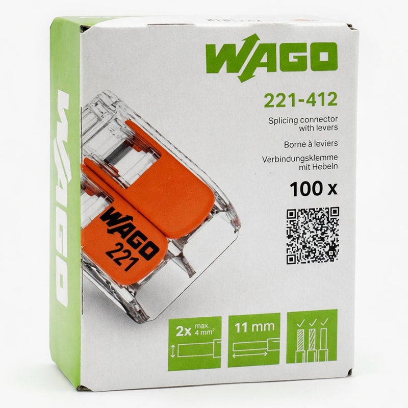 Set 100 cleme cu pârghie WAGO W-221-412 pentru 2 conductoare de până la 4 mm²