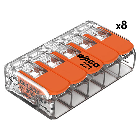 Clemă de legătură cu pârghii pentru 5 conductoare de până la 4 mm² din seria 221 WAGO W-221-415-8