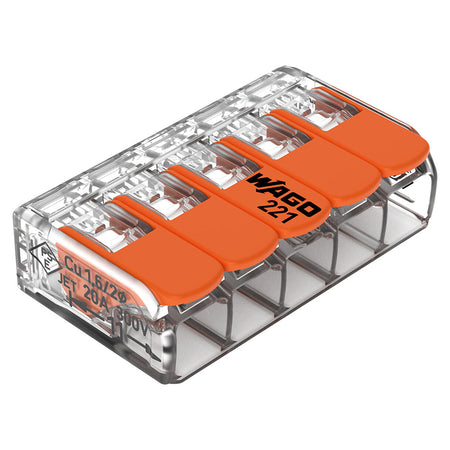 Clemă de legătură cu pârghii pentru 5 conductoare de până la 4 mm² din seria 221 WAGO W-221-415-8