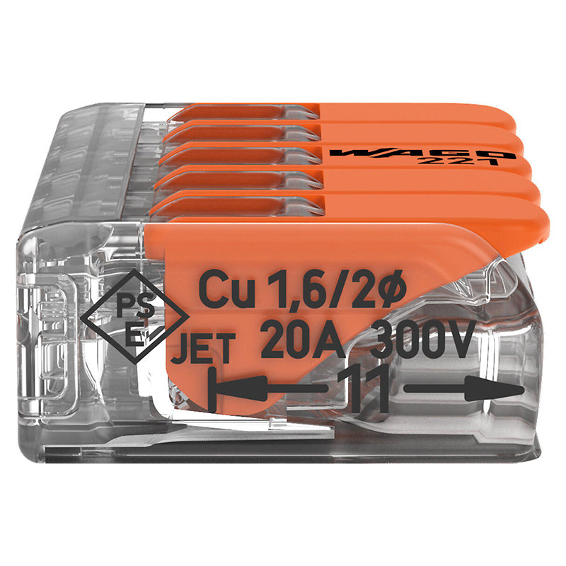 Clemă de legătură cu pârghii pentru 5 conductoare de până la 4 mm² din seria 221 WAGO W-221-415-8