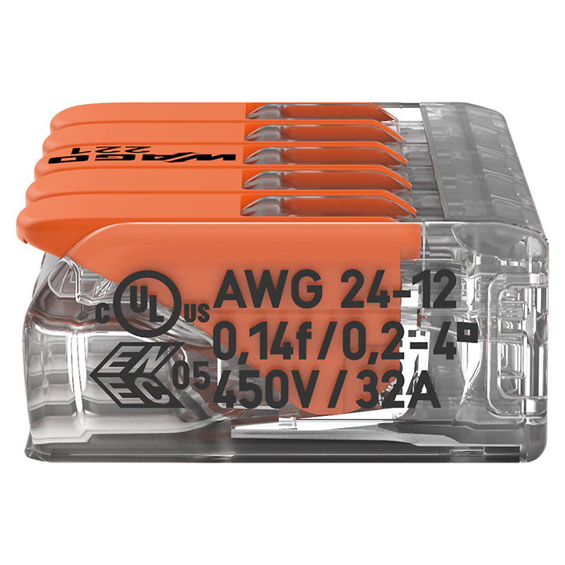 Clemă de legătură cu pârghii pentru 5 conductoare de până la 4 mm² din seria 221 WAGO W-221-415-8