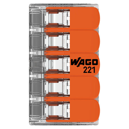 Clemă de legătură cu pârghii pentru 5 conductoare de până la 4 mm² din seria 221 WAGO W-221-415-8
