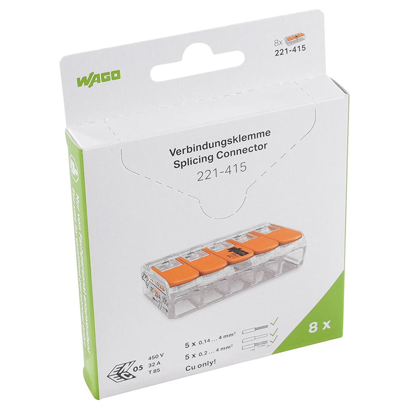 Clemă de legătură cu pârghii pentru 5 conductoare de până la 4 mm² din seria 221 WAGO W-221-415-8