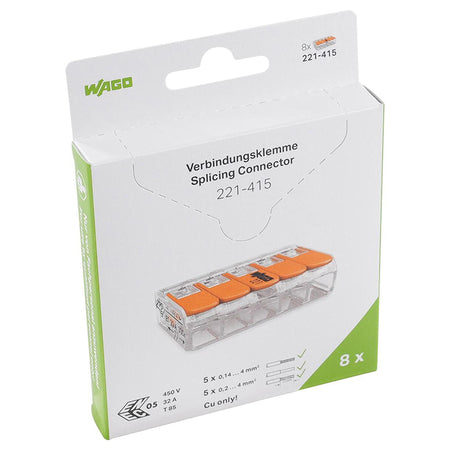 Clemă de legătură cu pârghii pentru 5 conductoare de până la 4 mm² din seria 221 WAGO W-221-415-8