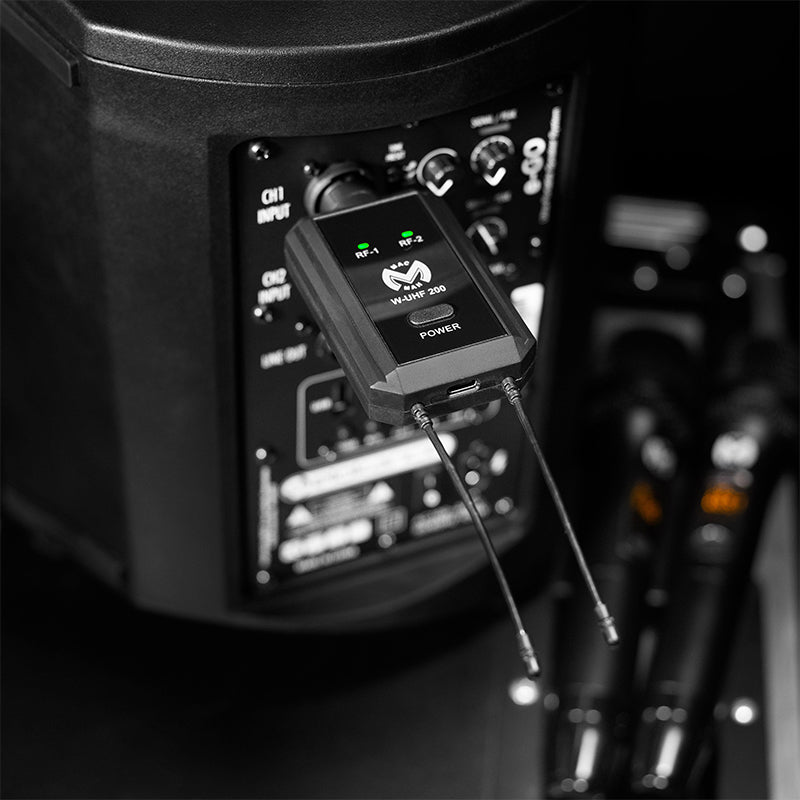 Set 2 microfoane wireless UHF cu receptor plug-in și rază până la 80 m Mac Mah W-UHF 200M