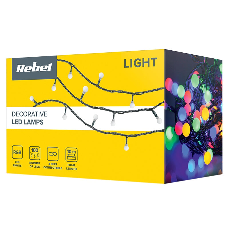 Șir de lumini festive cu 100 de LED-uri multicolore de 10 m IP44 pentru exterior Rebel ZAR0477-1